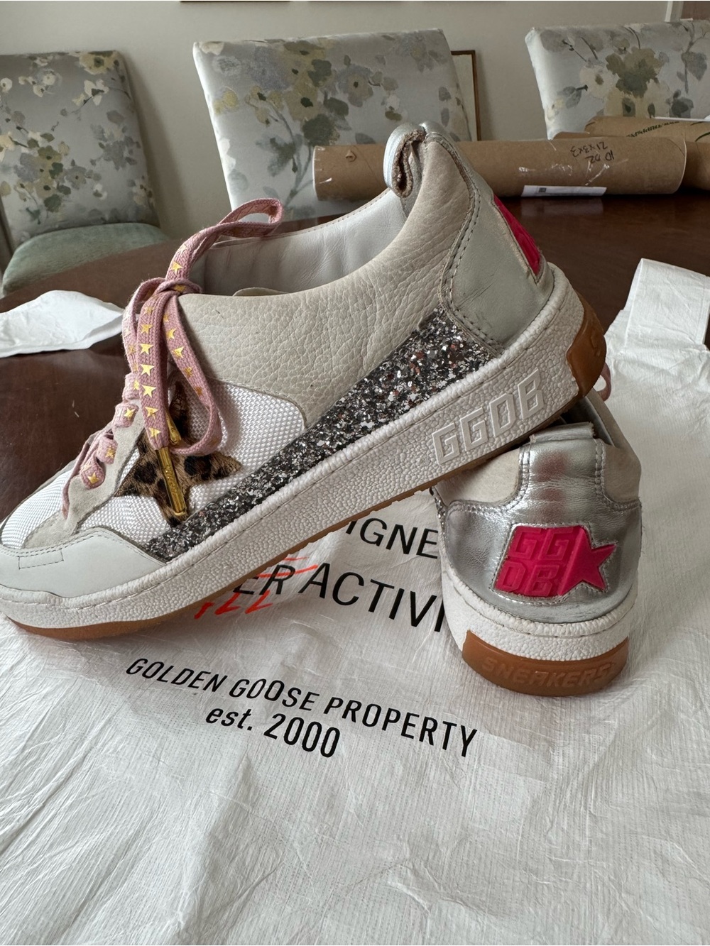 Golden Goose White Sneakers with Pink Accents and Glitter Side